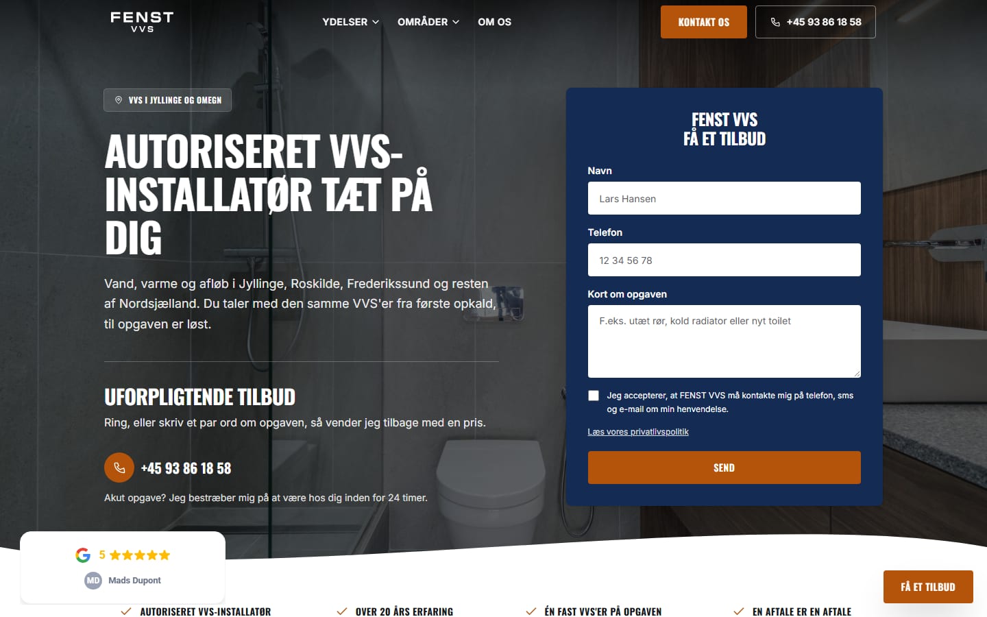 Forsiden af FENST VVS hjemmeside med tilbudsformular